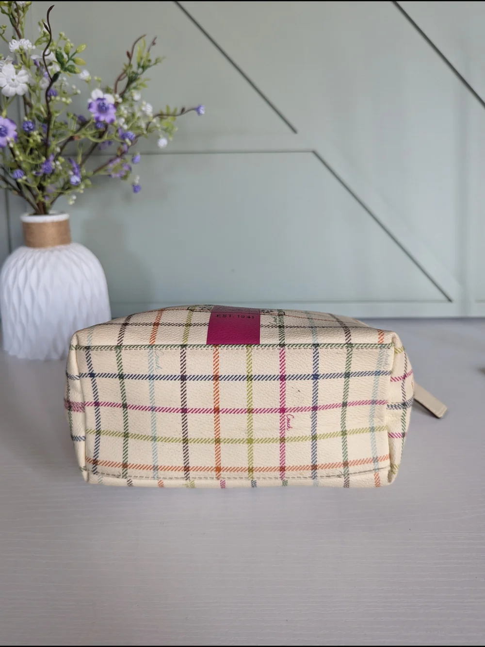 Coach Cream Plaid Canvas Shoulder Bag with Pink Accent